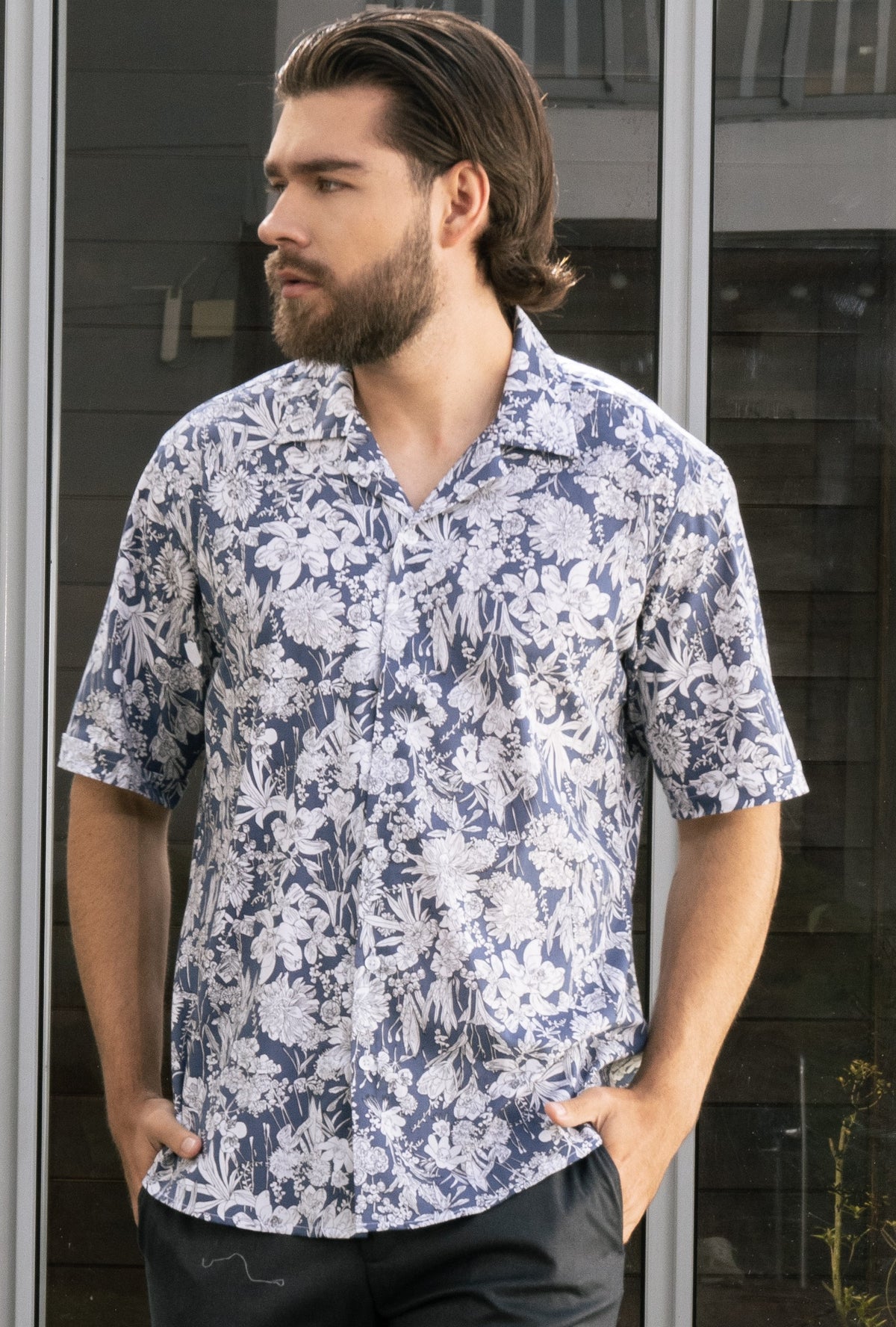 Camisa manga corta flores azul